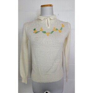 Vintage 1970s Donnkenny Womens Cream Pointelle Knit Sweater w.‎ Flowers M